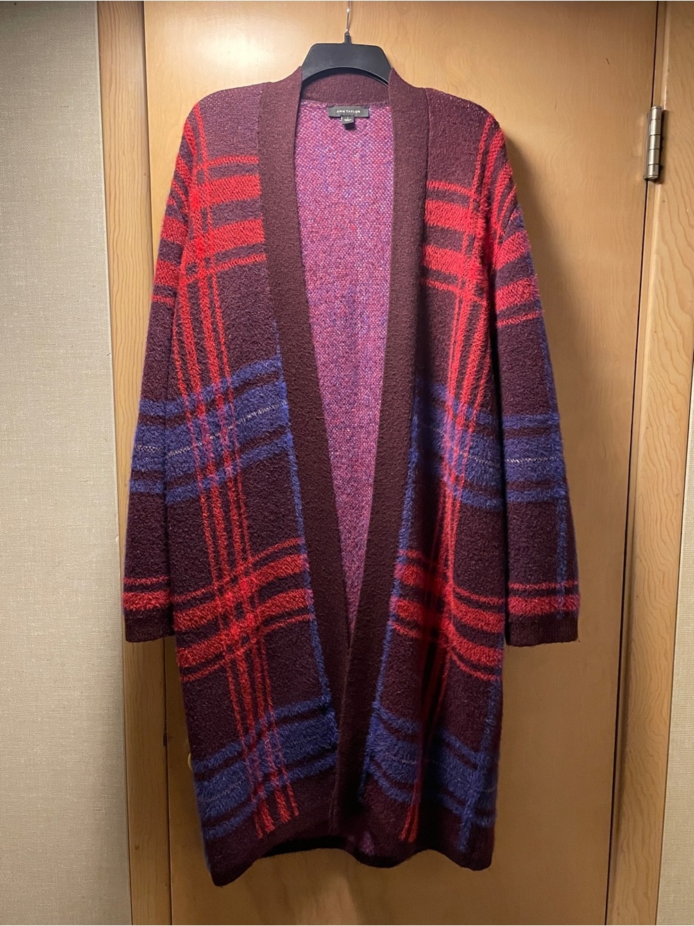 Ann Taylor Burgundy Plaid Long Open Cardigan